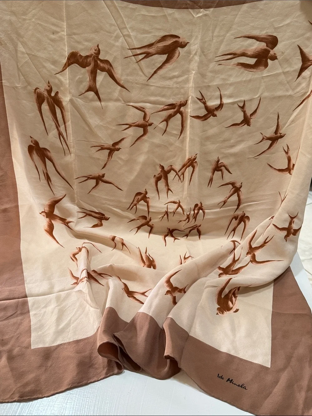 Idk Manila SWALLOWS Silk Brown & Cream Print Silk Scarf 🧣 vintage